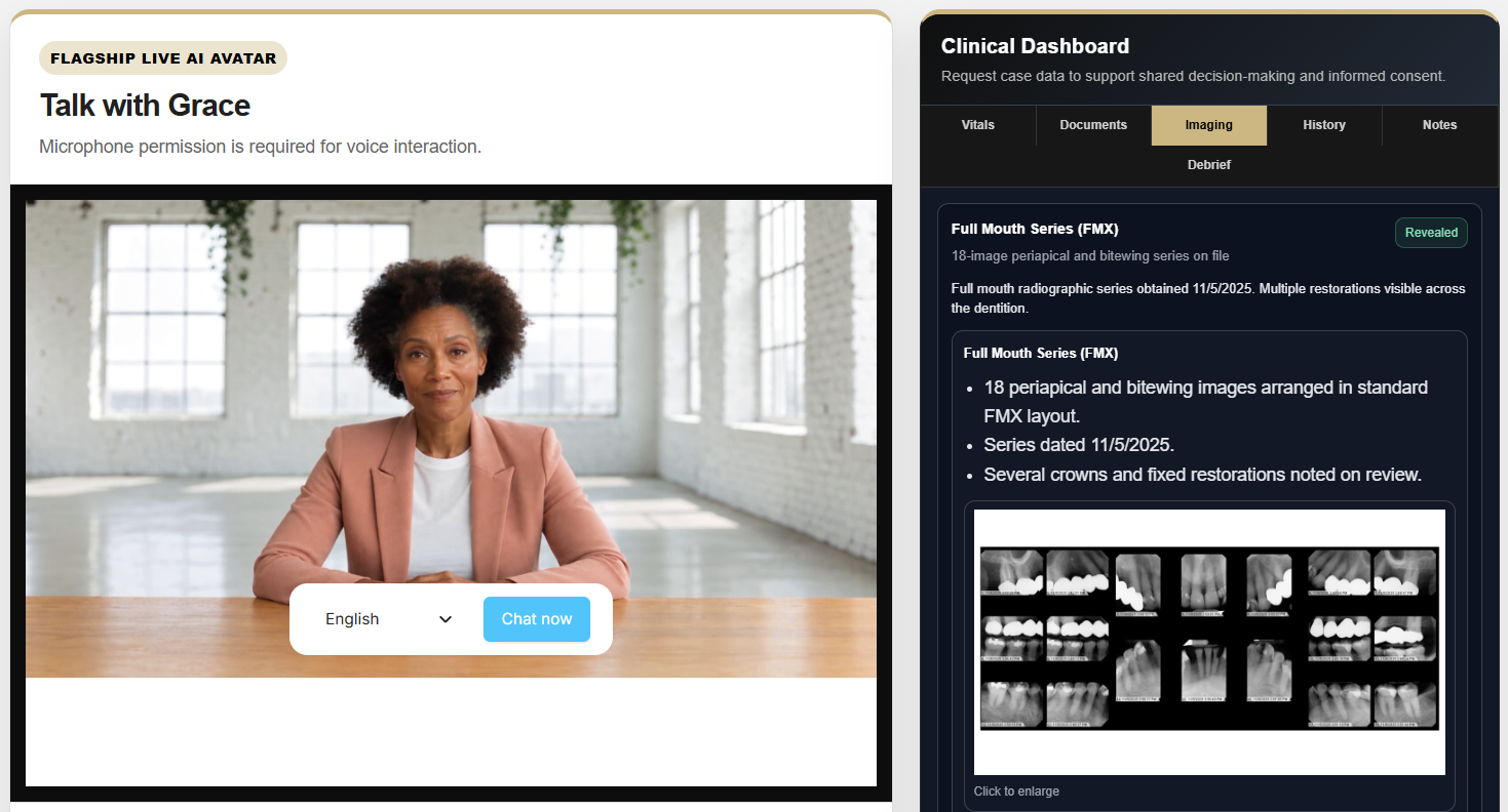 Live AI Avatar simulation with Grace alongside the Clinical Dashboard showing dental imaging and patient information